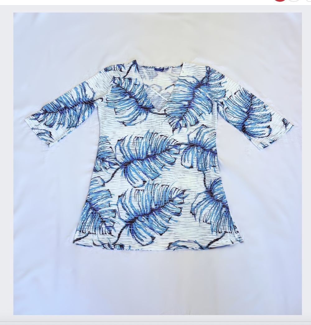 Apt 9 Sheer Palm Leaf V-Neck Swim Cover-Up Tunic Blue M